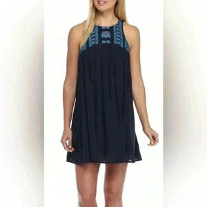 Crown & Ivy Novel Navy Embroidered Yoke Gauze A-Line Dress